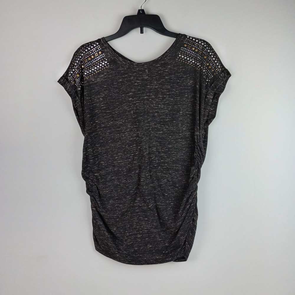 Cato Womens L Gray Studded Ruched Space Dye Short Sleeve Embellished Knit Top